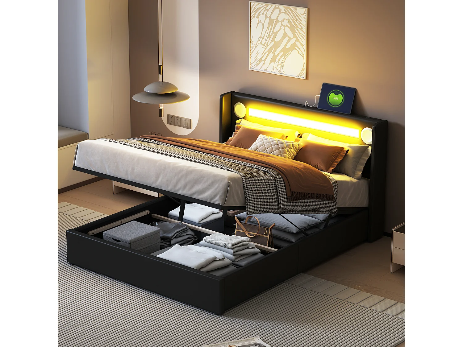 Łóżko ze schowkiem 140 x 200 cm z zagłówkiem - diody LED, odtwarzacz Bluetooth i port USB - skóra ekologiczna - czarny 3360620 - obrazek 1