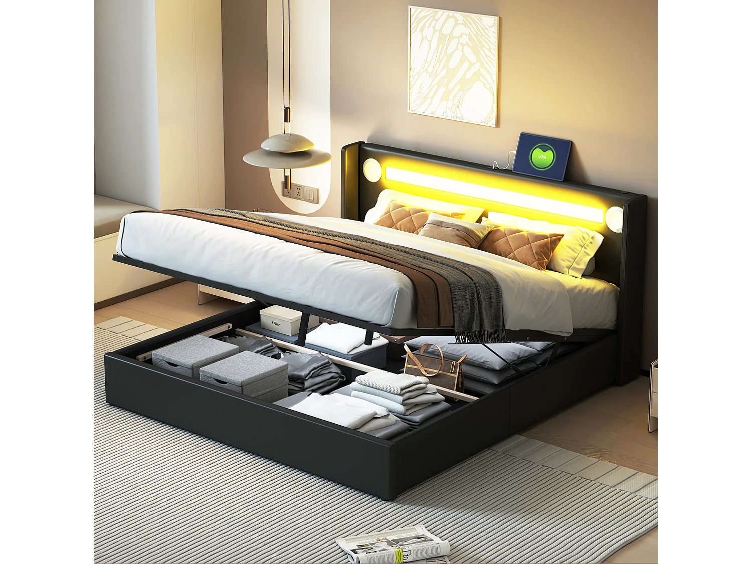 Łóżko ze schowkiem 160 x 200 cm z zagłówkiem - diody LED, odtwarzacz Bluetooth i port USB - skóra ekologiczna - czarny 3360624 - obrazek 1