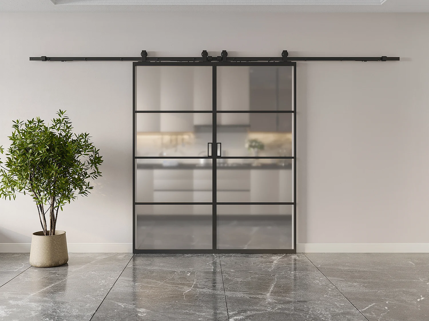 Drzwi przesuwne naścienne podwójne - aluminium i matowe szkło hartowane - 2 x wys. 205 x szer. 83 cm - SINCA II 3290698 - obrazek 1