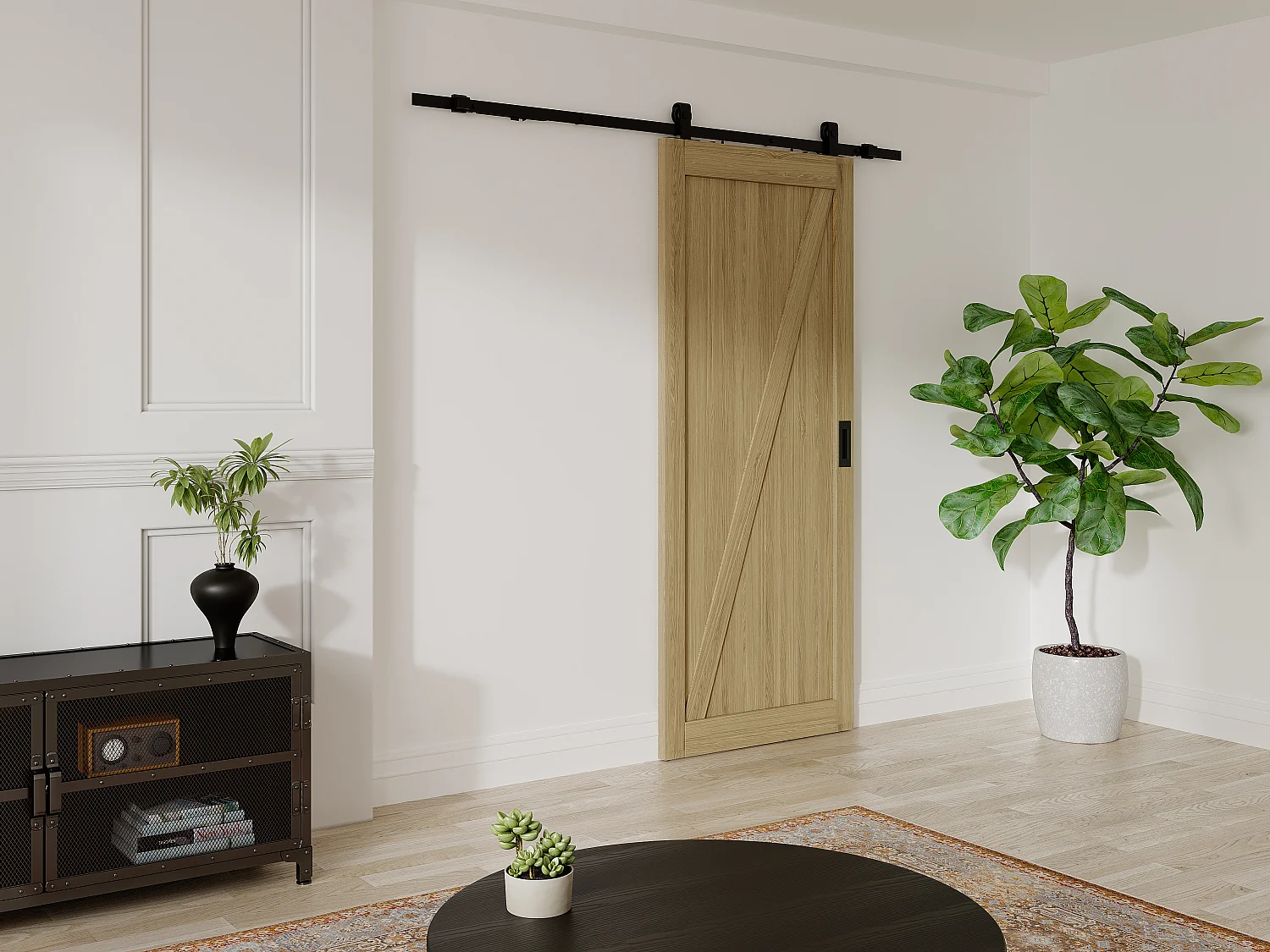 Drzwi przesuwne naścienne z drewna i MDF - Naturalny jasny - wys. 205 x szer. 93 cm - BALERMA 3363012 - obrazek 1