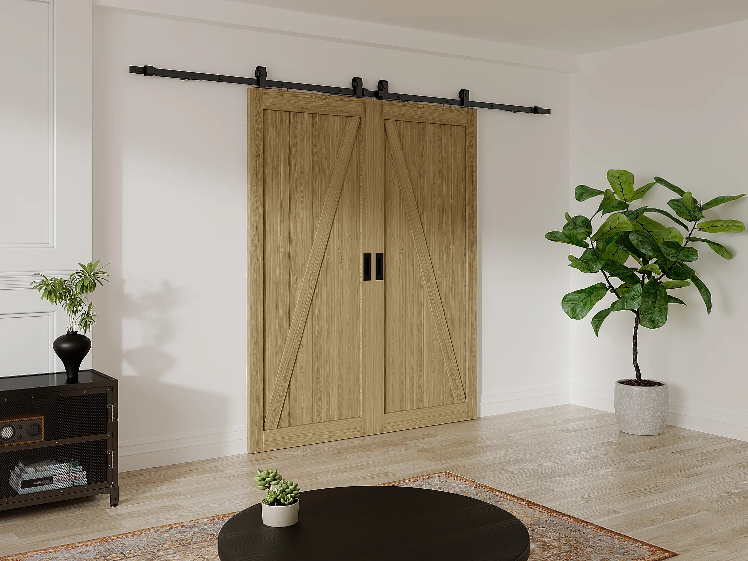 Drzwi przesuwne naścienne podwójne z drewna i MDF - Naturalny jasny - 2 x wys. 205 x szer. 93 cm - BALERMA 3363016 - obrazek 1