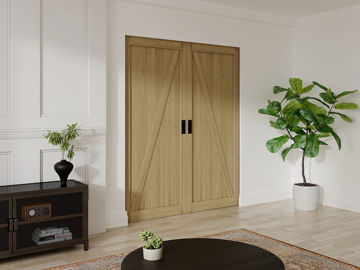 Drzwi przesuwne podwójne chowane w ścianie z drewna i MDF - Naturalny jasny - 2 x wys. 205 x szer. 83 cm - BALERMA 3363023 - obrazek 1
