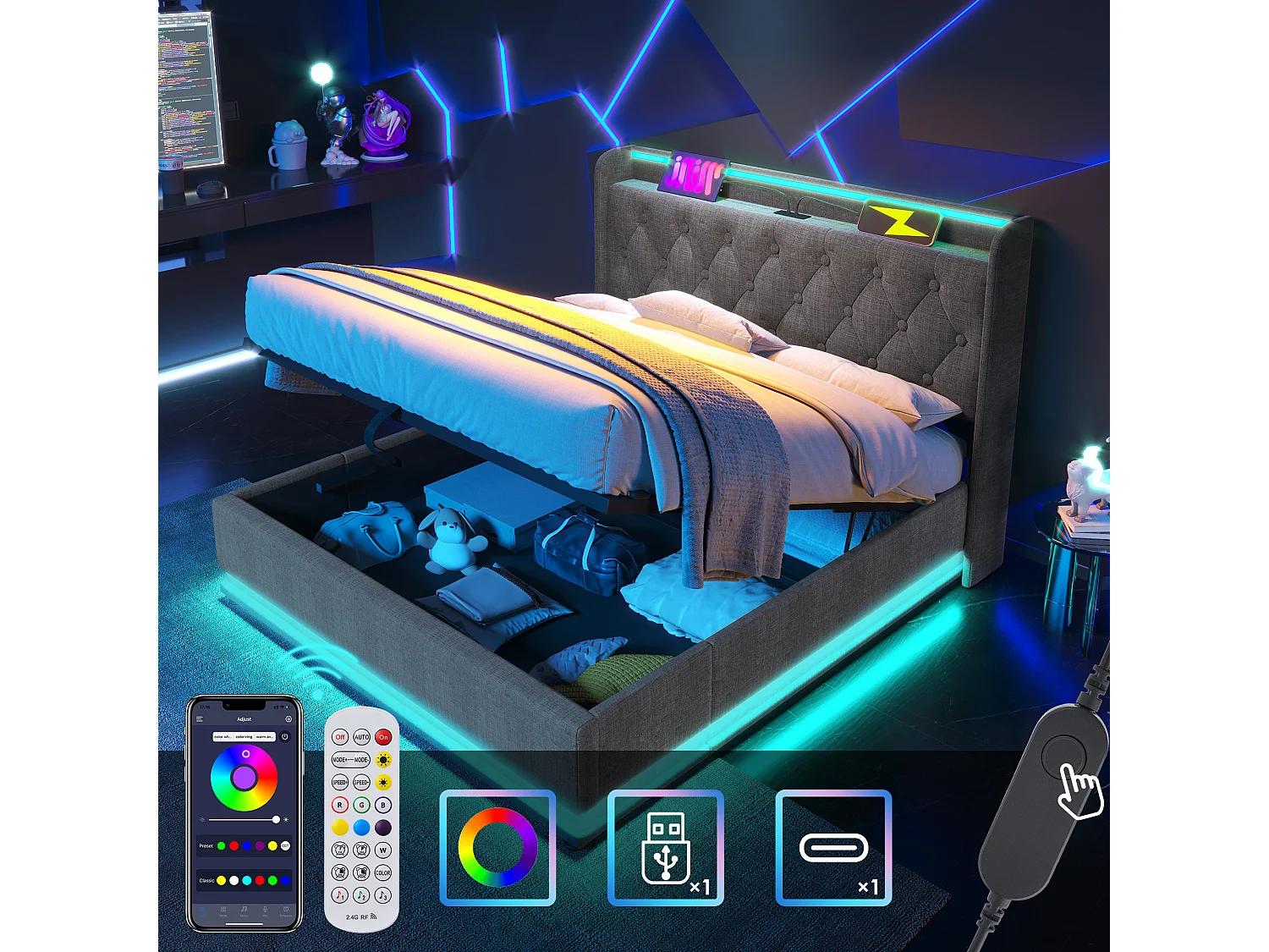 Łóżko z pojemnikiem 160 x 200 cm i zagłówkiem ze schowkiem - Gniazda USB i LED - Tkanina lniana - Wzór guzików - Szary (bez materaca) 3402638 - obrazek 1