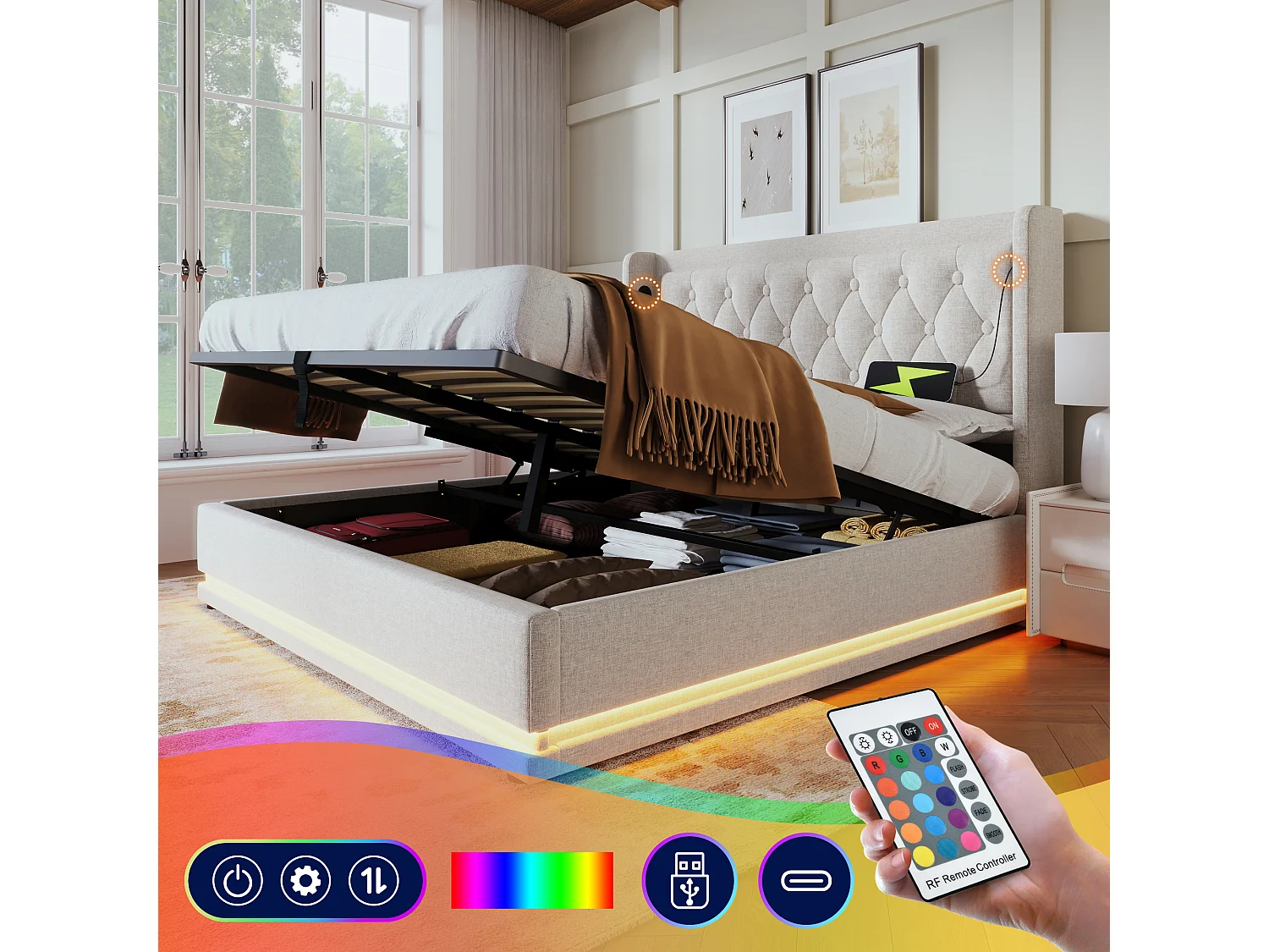 Łóżko z pojemnikiem 140 x 200 cm i zagłówkiem - Gniazda USB i Type-C - Diody LED - Tkanina bawełniana - Beżowe (bez materaca) 3402658 - obrazek 1