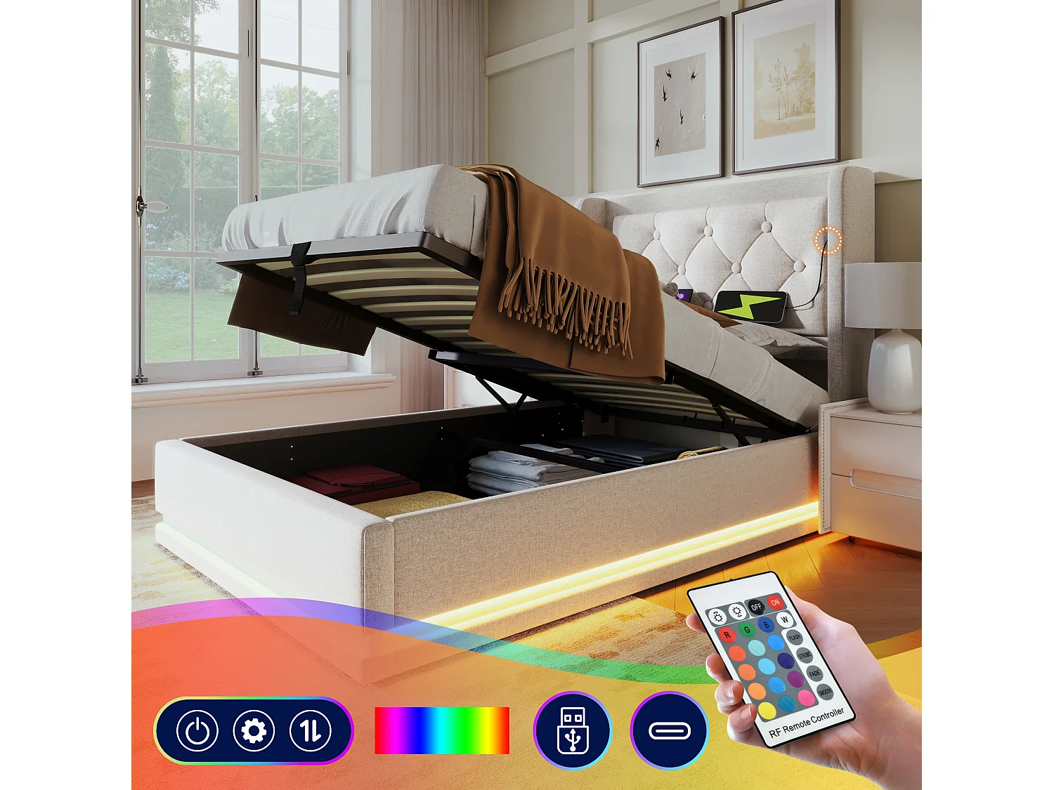 Łóżko z pojemnikiem 90 x 200 cm i zagłówkiem - Gniazda USB i Type-C - Diody LED - Tkanina bawełniana - Beżowe (bez materaca) 3402649 - obrazek 1