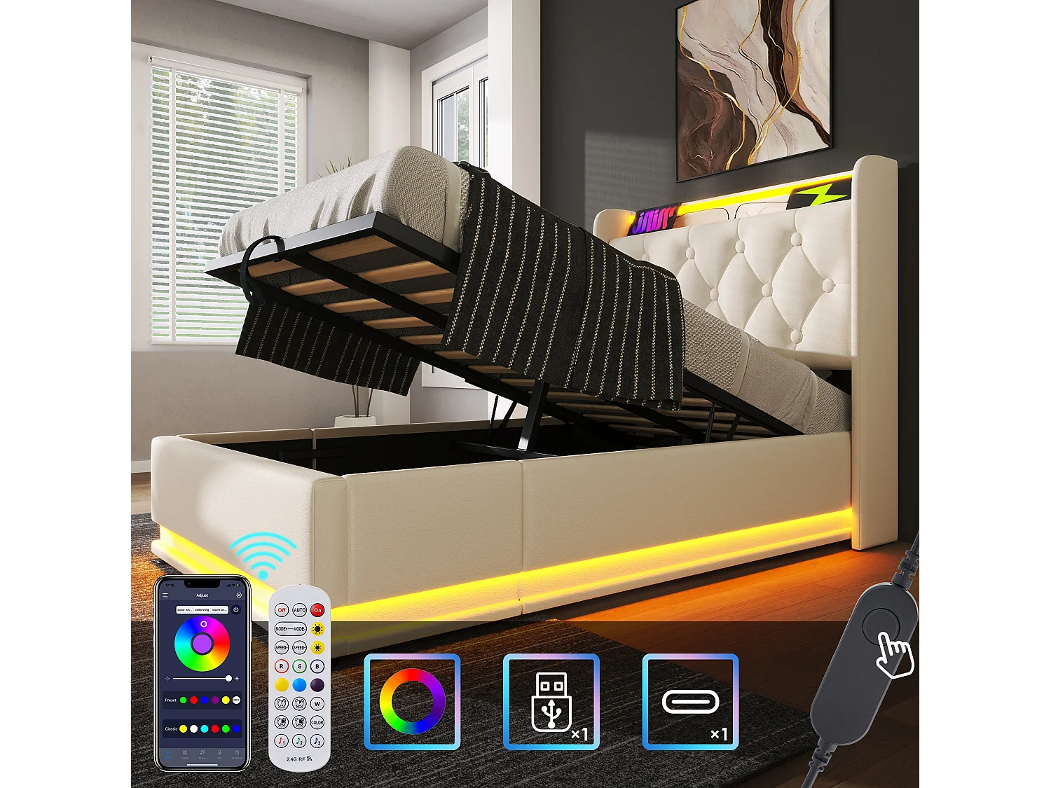Łóżko z pojemnikiem 90 x 200 cm i zagłówkiem - Gniazda USB i diody LED - Skóra ekologiczna - Wzór guzików - Białe (bez materaca) 3402657 - obrazek 1