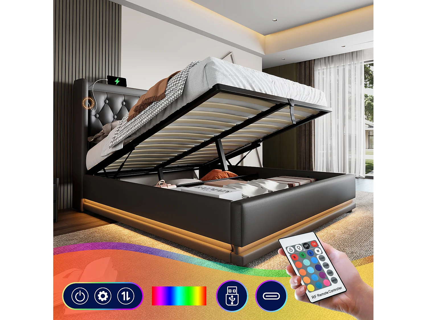 Łóżko ze schowkiem 160 x 200 cm i zagłówkiem - gniazda USB i typu C - diody LED - skóra ekologiczna - kolor czarny (bez materaca) 3402662 - obrazek 1