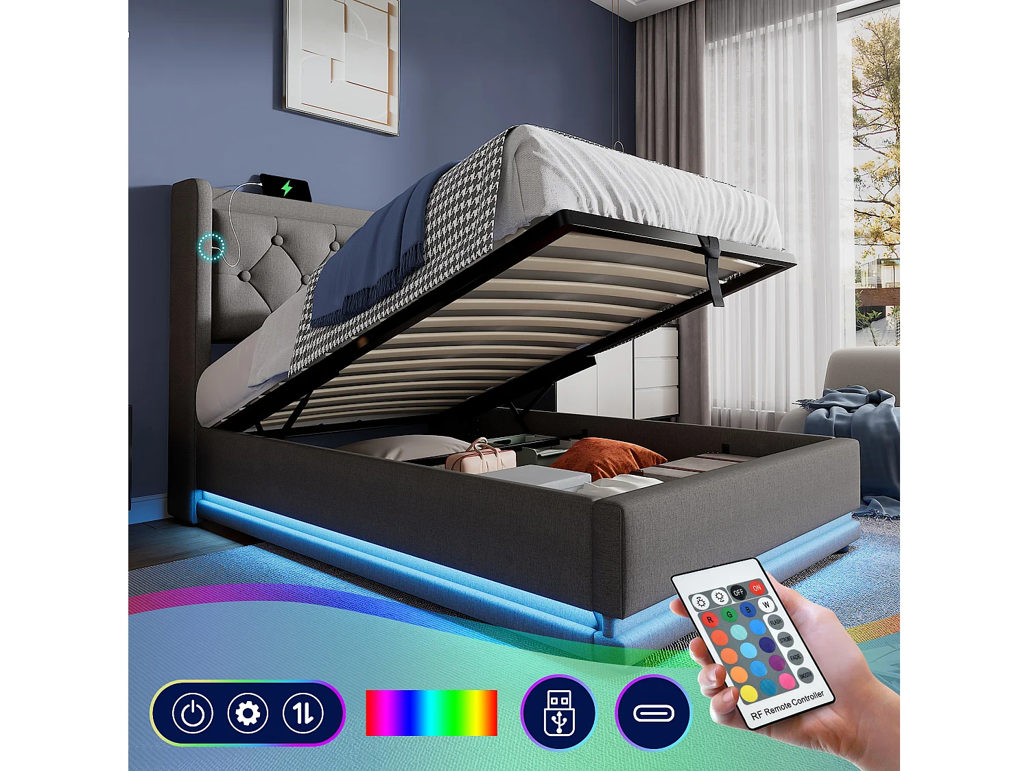 Łóżko z pojemnikiem 90 x 200 cm i zagłówkiem - Gniazda USB i Type-C - Diody LED - Tkanina bawełniana - Szare (bez materaca) 3402672 - obrazek 1