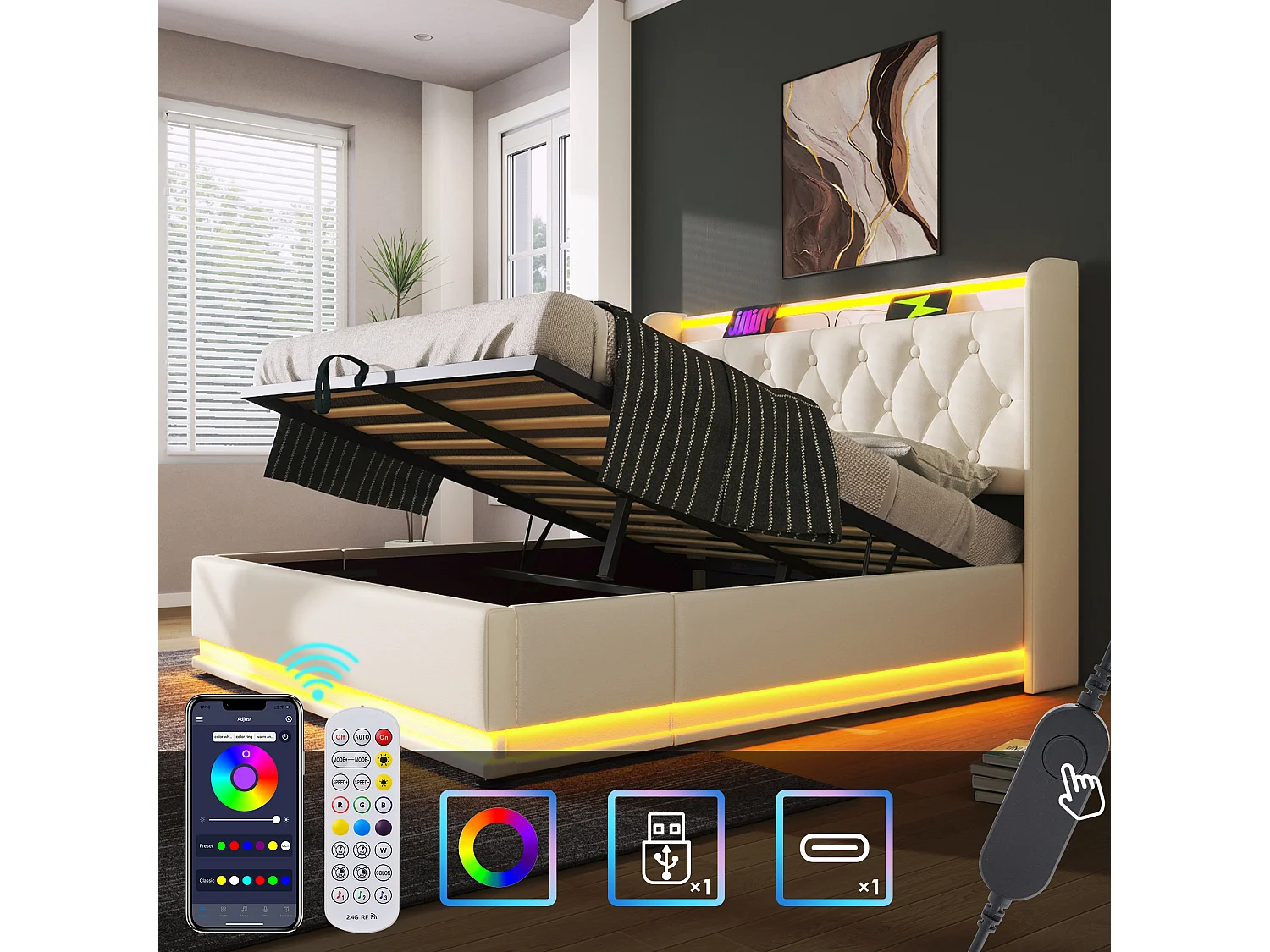 Łóżko z pojemnikiem 140 x 200 cm i zagłówkiem ze schowkiem - gniazda USB i diody LED - skóra ekologiczna - wzór guzików - białe (bez materaca) 3402665 - obrazek 1