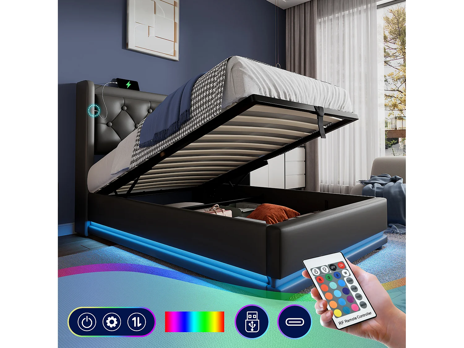 Łóżko z pojemnikiem 90 x 200 cm i zagłówkiem - gniazda USB i typu C - diody LED - skóra ekologiczna - kolor czarny (bez materaca) 3402678 - obrazek 1
