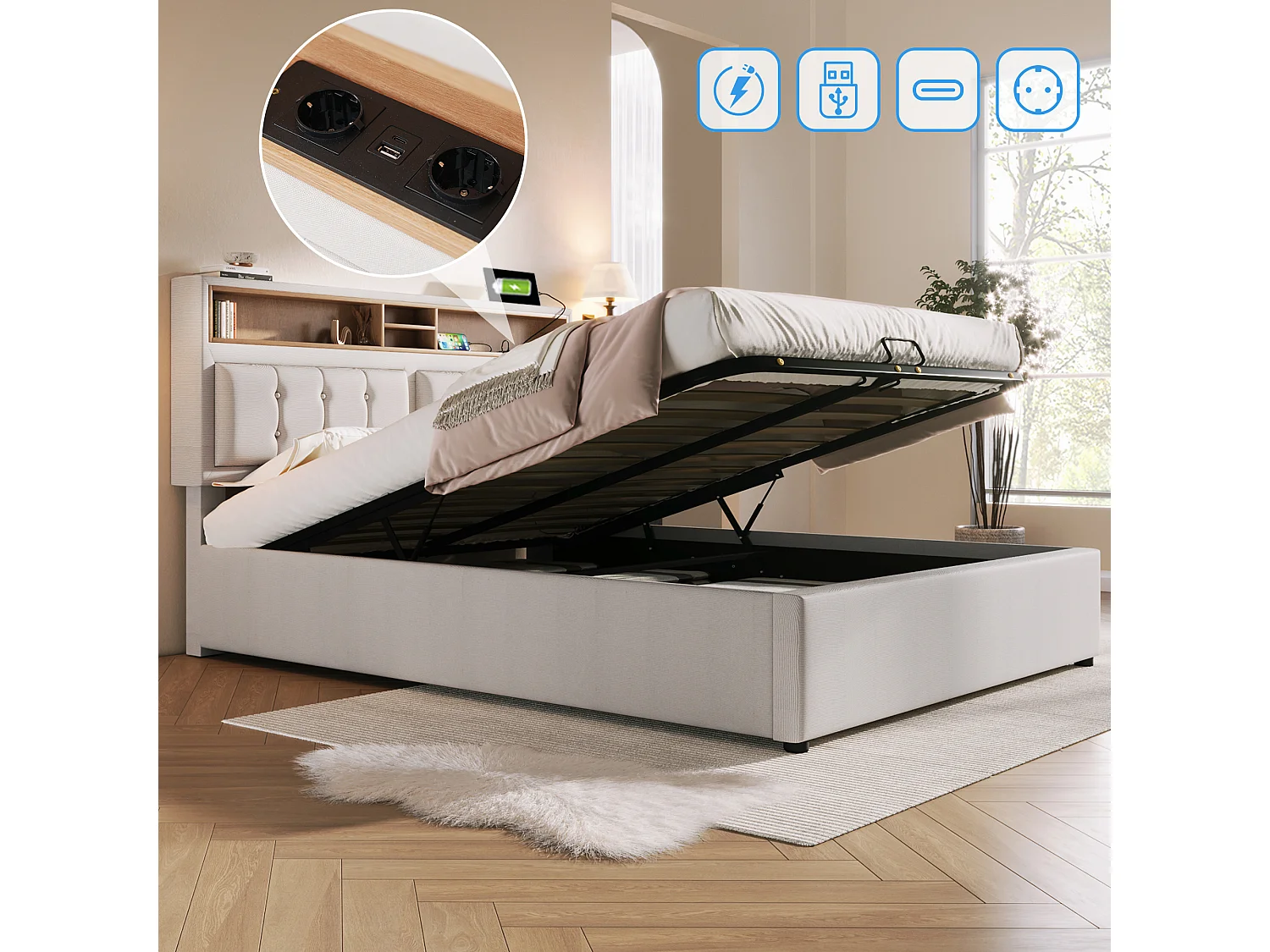 Łóżko z pojemnikiem 140 x 200 cm i zagłówkiem ze schowkiem - gniazdo USB i C - tkanina lniana - beż 3402686 - obrazek 1