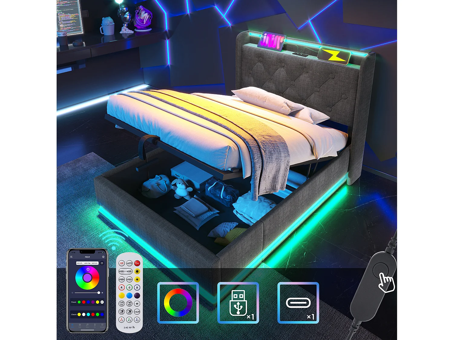 Łóżko z pojemnikiem 90 x 200 cm i zagłówkiem - Gniazda USB i LED - Tkanina lniana - Wzór guzików - Szary (bez materaca) 3402685 - obrazek 1