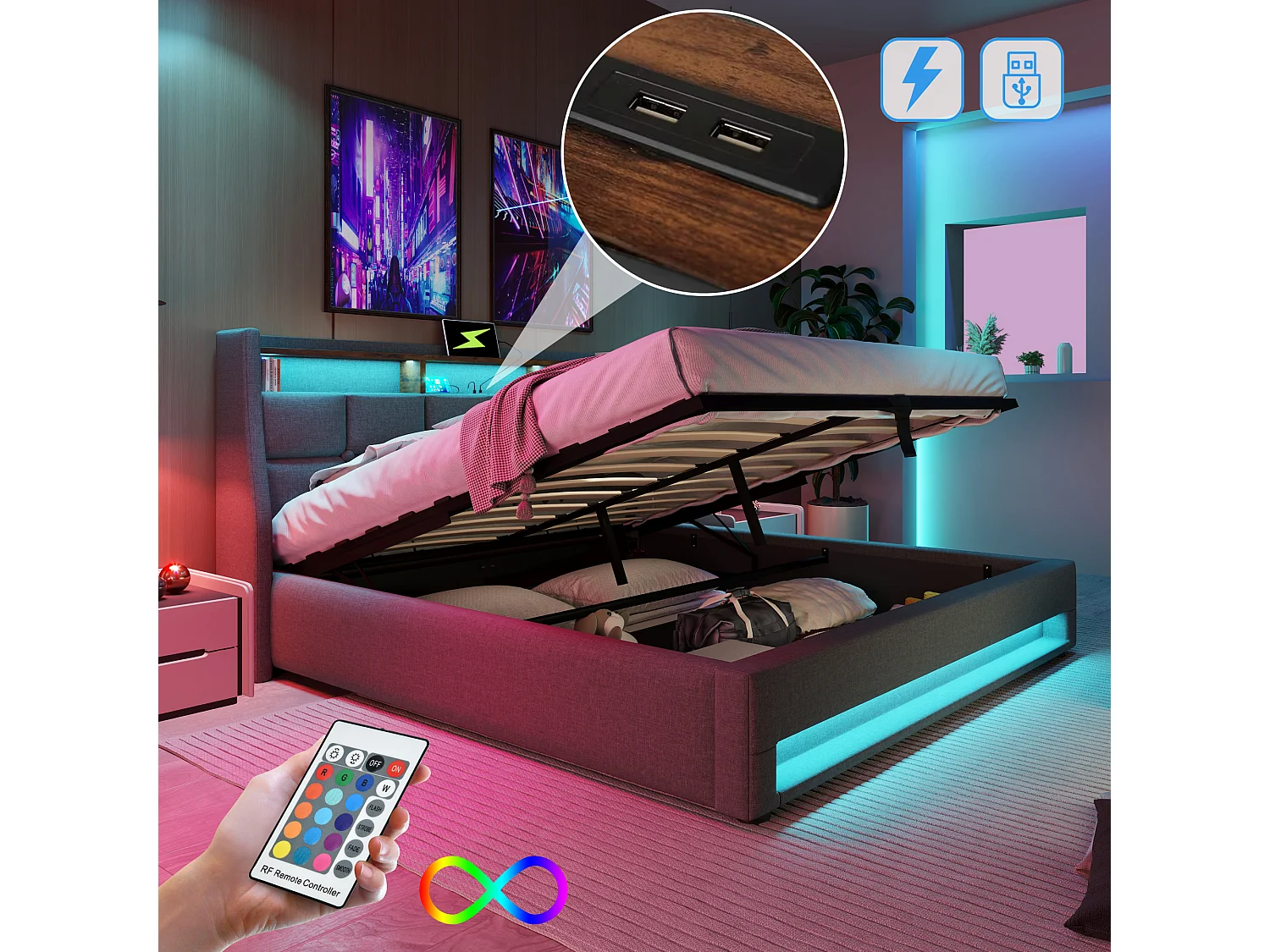 Łóżko z pojemnikiem 140 x 200 cm i zagłówkiem - Port USB i diody LED - Tkanina lniana - Szary - Bez materaca 3402690 - obrazek 1