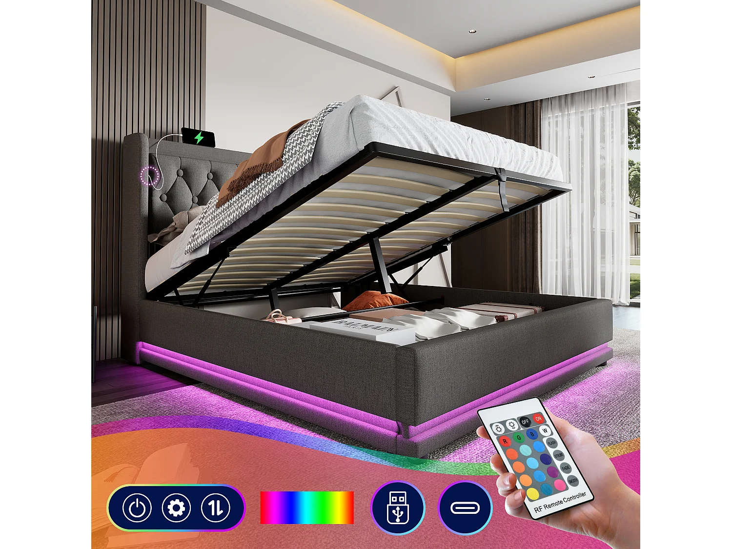 Łóżko z pojemnikiem 160 x 200 cm i zagłówkiem - Gniazda USB i Type-C - Diody LED - Tkanina bawełniana - Szare (bez materaca) 3402695 - obrazek 1