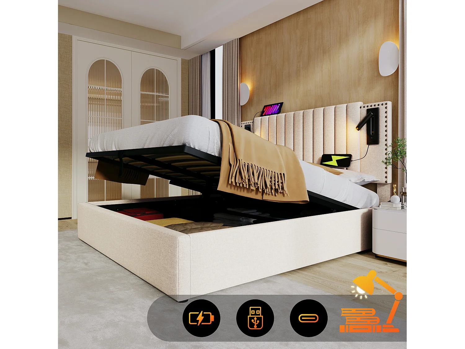 Łóżko ze schowkiem 140 x 200 cm z zagłówkiem - gniazda USB i lampka do czytania - tkanina bawełniana - wzór nitów - beżowe (bez materaca) 3402707 - obrazek 1