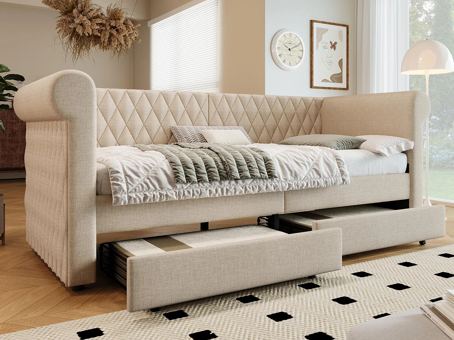 Łóżko z kanapą z 2 szufladami z lnu – 90x200cm – z stelażem na listwach – Beżowe 3447983