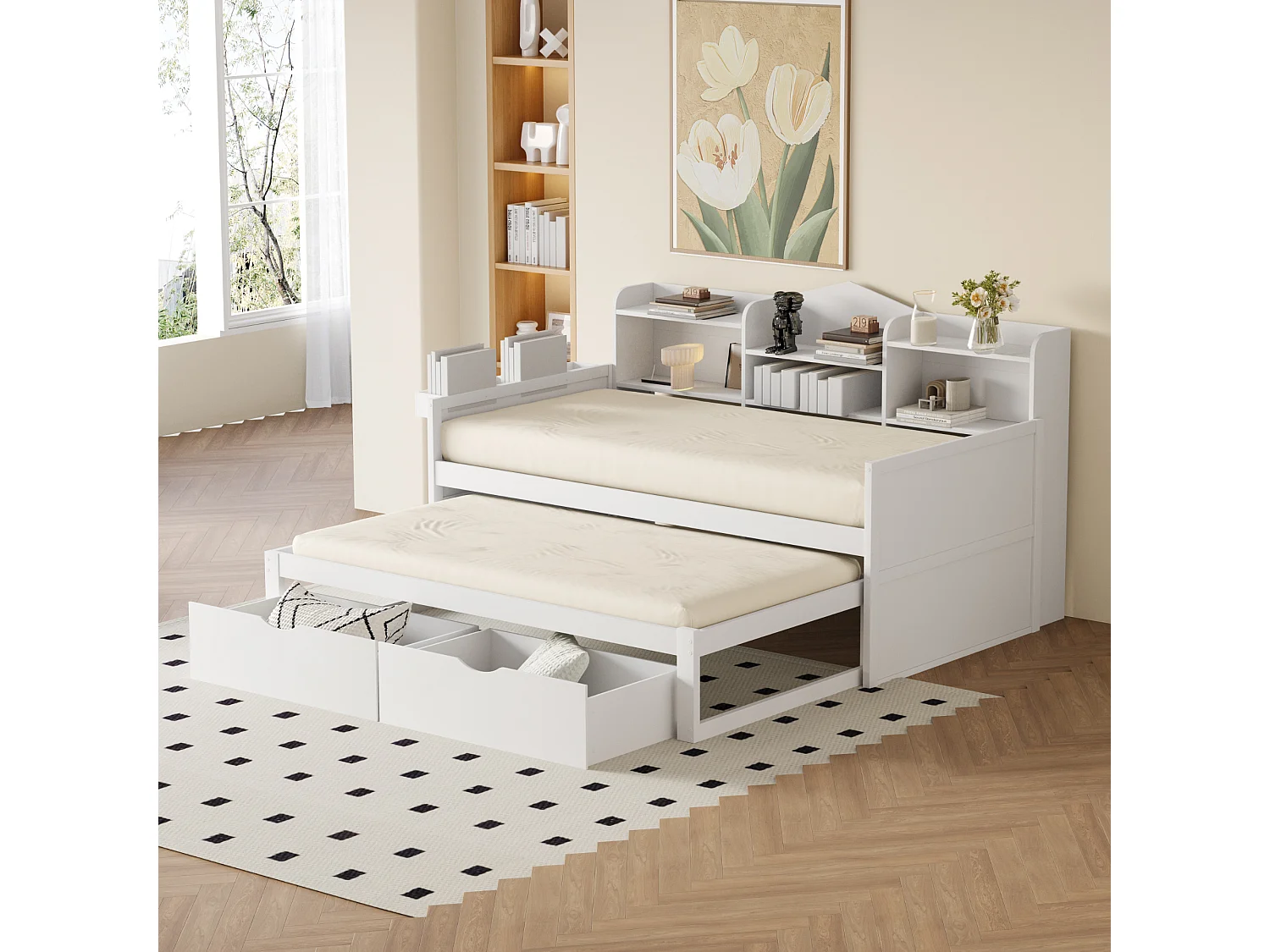 Łóżko wysuwane 90 x 200 cm + 90 x 190 cm z 2 szufladami, portem USB i schowkiem - drewno sosnowe + MDF - białe (bez materaca) 3453603 - obrazek 1