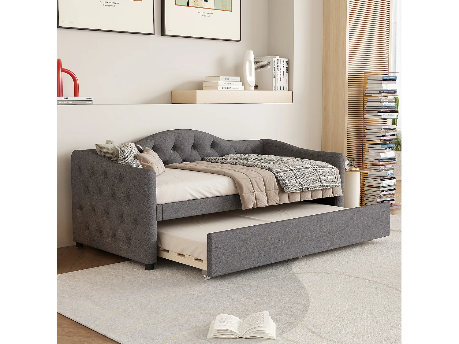 Łóżko wysuwane 90 x 200 cm + łóżko 90 x 190 cm, sofa rozkładana - tkanina lniana - kolor szary (bez materaca) 3453604 - obrazek 1