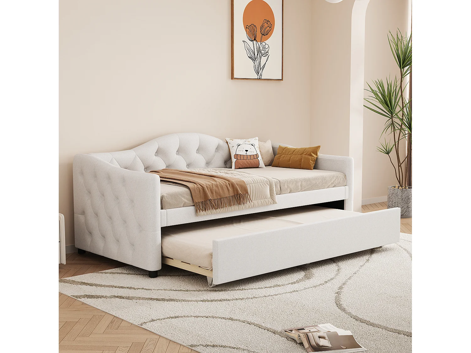 Łóżko wysuwane 90 x 200 cm + łóżko 90 x 190 cm, sofa rozkładana - tkanina lniana - kolor beżowy (bez materaca) 3453606 - obrazek 1