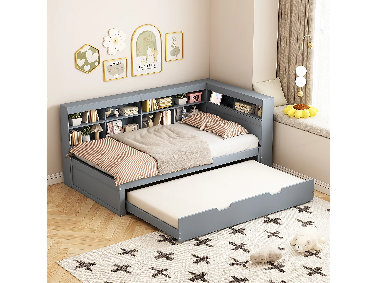 Łóżko wysuwane 90 x 200 cm + 90 x 190 cm z portem USB i schowkiem - drewno sosnowe + MDF - Szare (bez materaca) 3453610 - obrazek 1