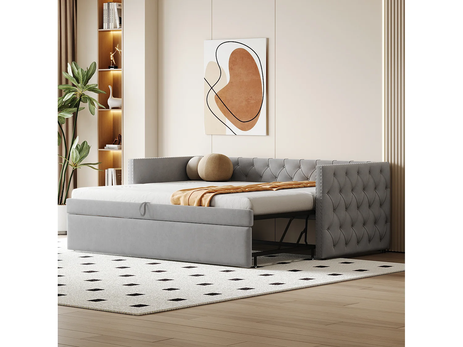 Łóżko wysuwane 90/180 x 200 cm z wezgłowiem - Miękki aksamit - stelaż listwowy - jasnoszary (bez materaca) 3453621 - obrazek 1