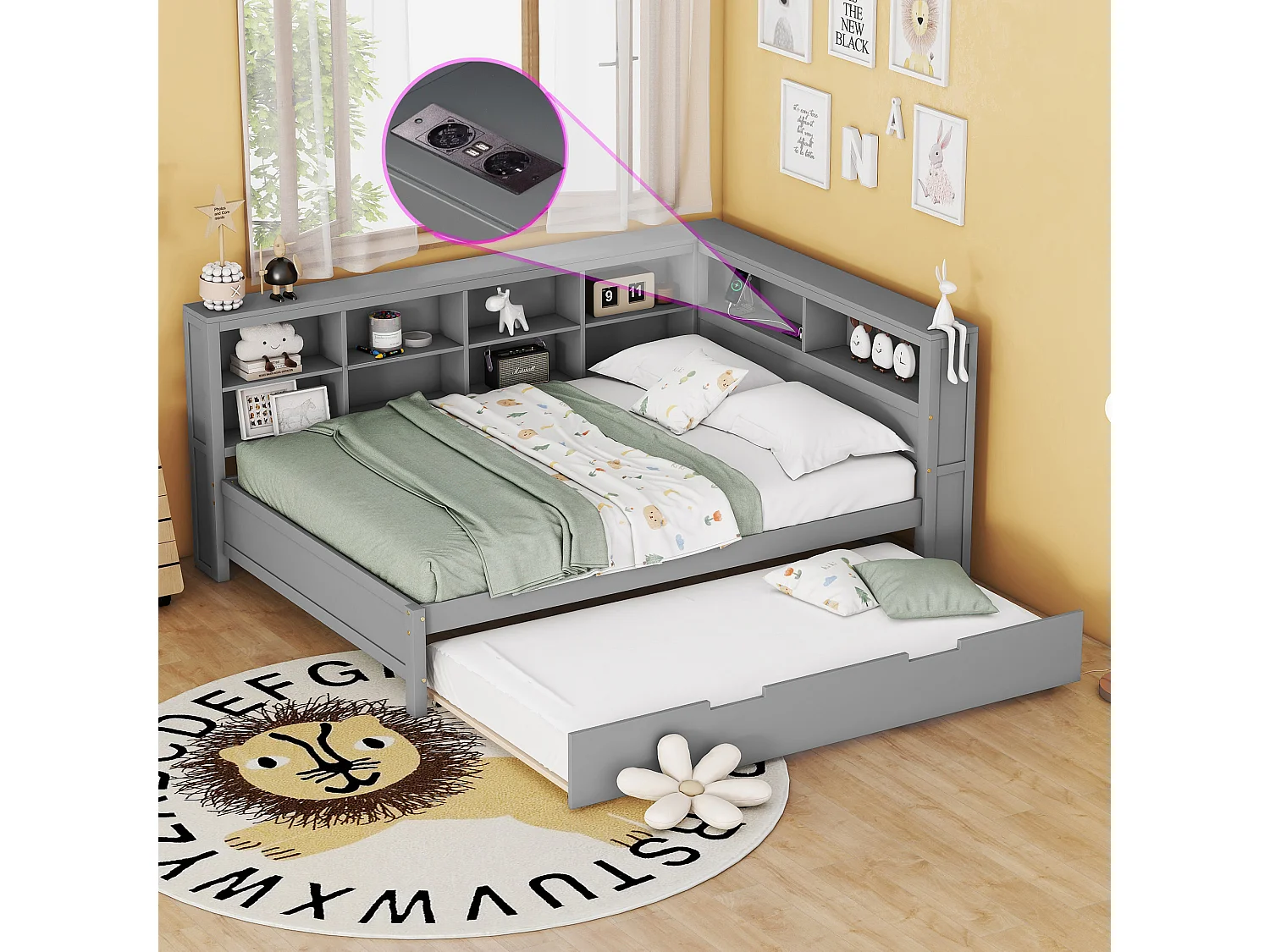 Łóżko wysuwane 140 x 200 cm + 90 x 190 cm z portem USB i regałem na książki – Drewno lite – Szary (bez materaca) 3453627
