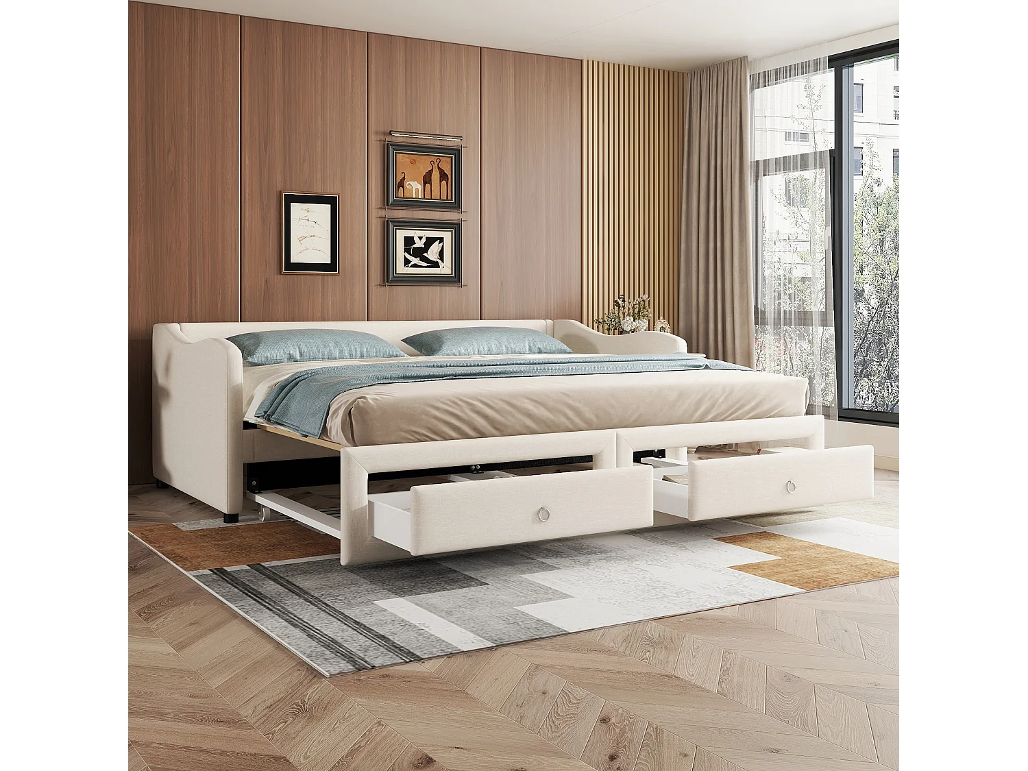 Łóżko wysuwane 90/180 x 200 cm z 2 szufladami - tkanina lniana - beż (bez materaca) 3453629 - obrazek 1