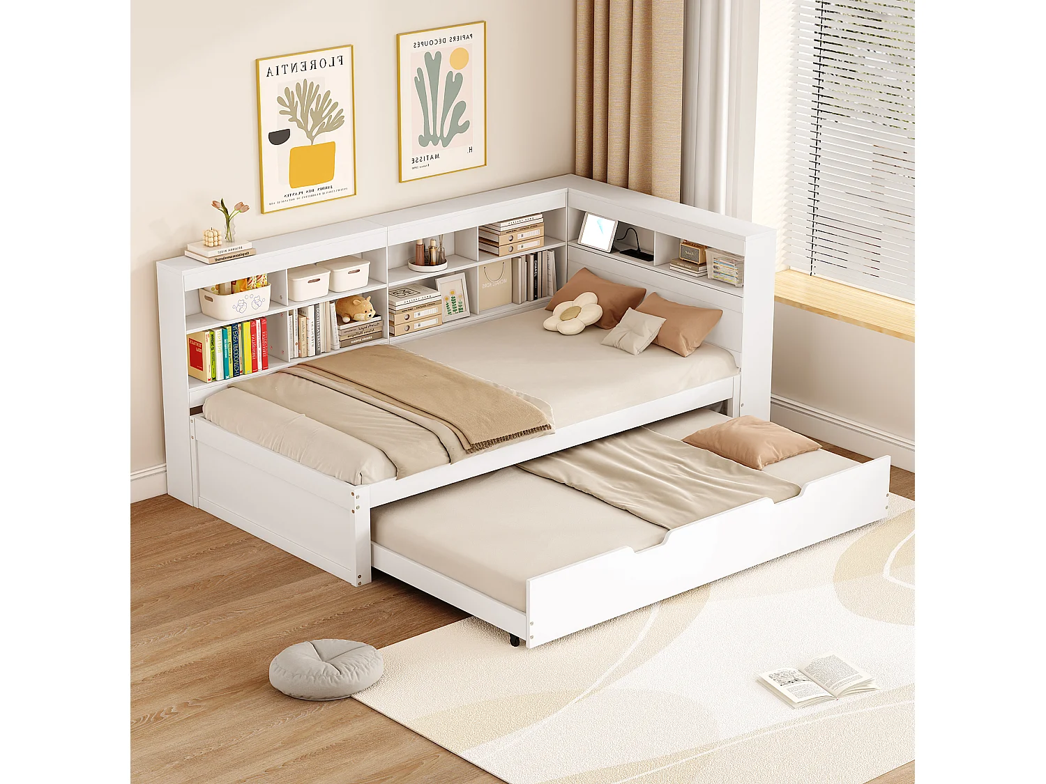 Łóżko wysuwane 90 x 200 cm + 90 x 190 cm z portem USB i schowkiem - drewno sosnowe + MDF - białe (bez materaca) 3453631 - obrazek 1