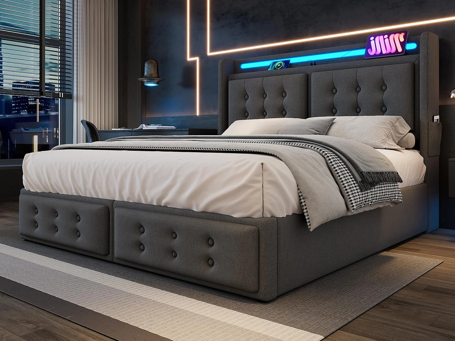 Łóżko z pojemnikiem 180x200cm z tkaniny lnianej - z LED i portami ładowania - Szare 3457249 - obrazek 1