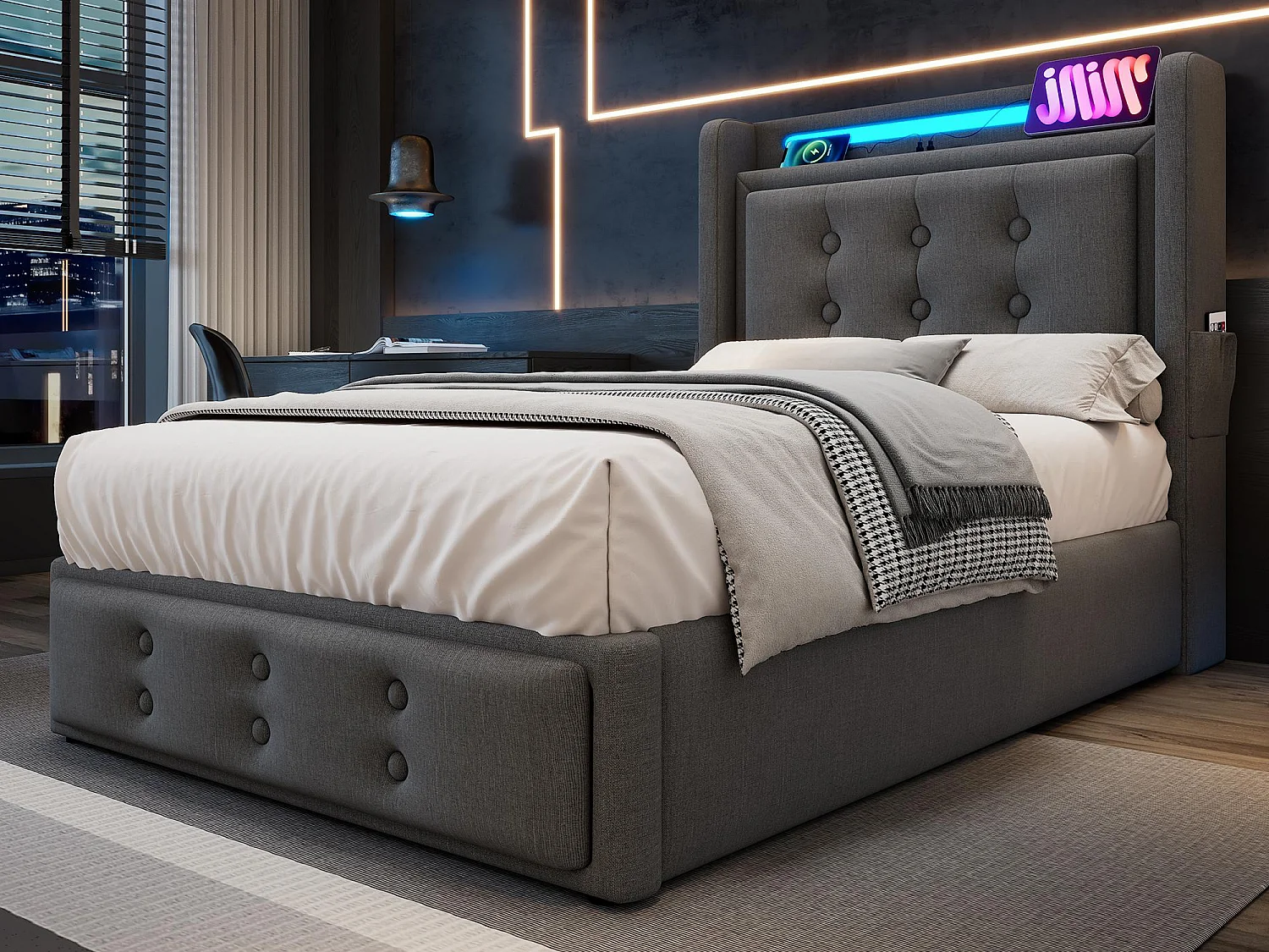 Łóżko z pojemnikiem 90x200cm z tkaniny lnianej - z LED i portami ładowania - Szare 3457252 - obrazek 1
