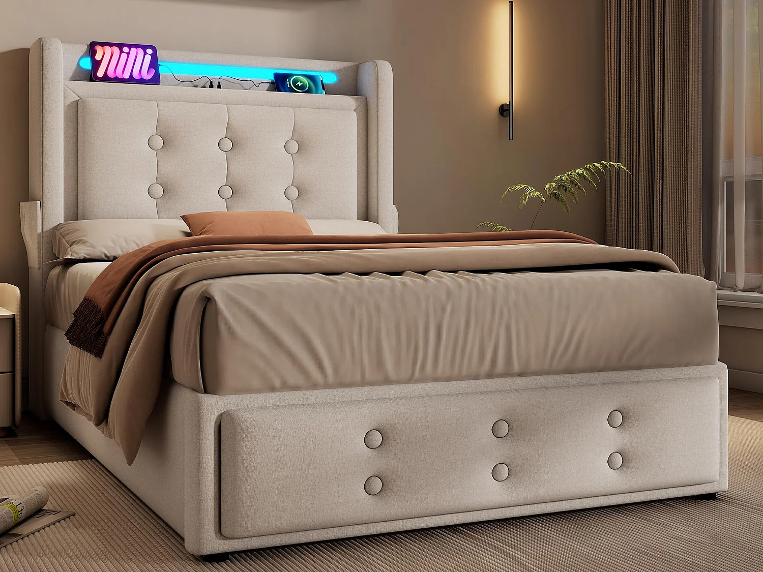 Łóżko z pojemnikiem 90x200cm z tkaniny lnianej - z LED i portami ładowania - Beżowe 3457253 - obrazek 1