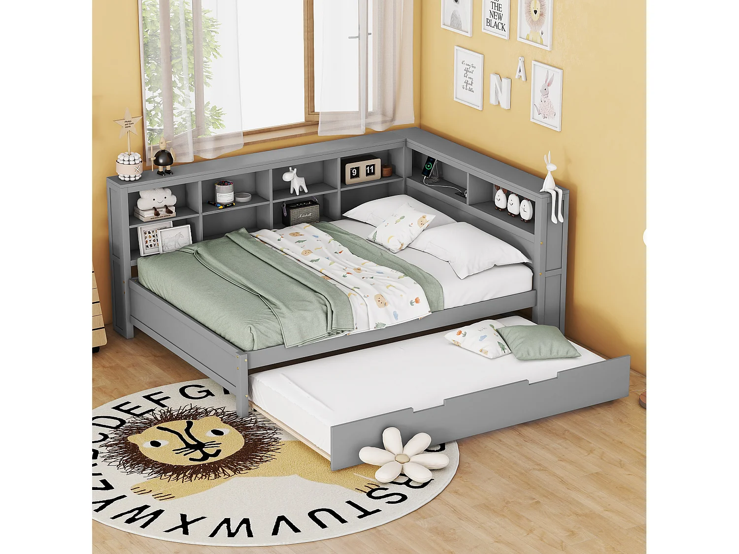 Łóżko wysuwane 140 x 200 cm + 90 x 190 cm z portem USB i schowkiem – lite drewno – szare 3276050