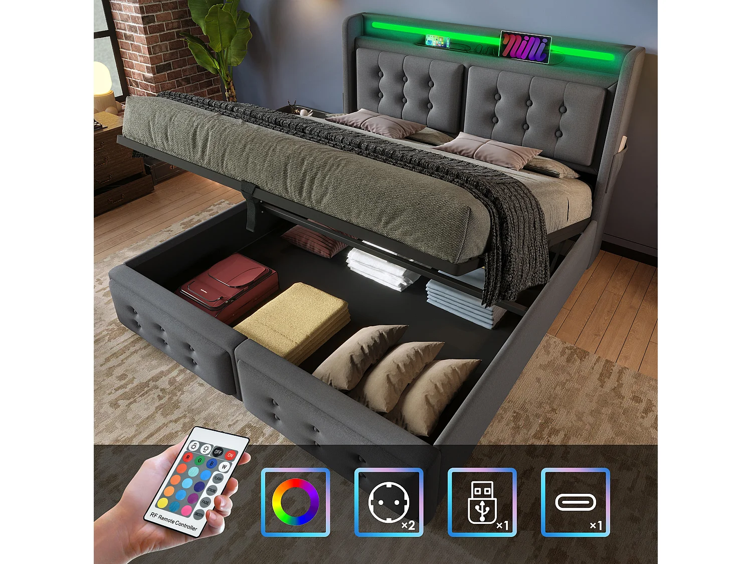 Łóżko z pojemnikiem 160 x 200 cm z zagłówkiem LED, gniazdem USB typu C - Tkanina bawełniana - Szary (bez materaca) 3459978 - obrazek 1