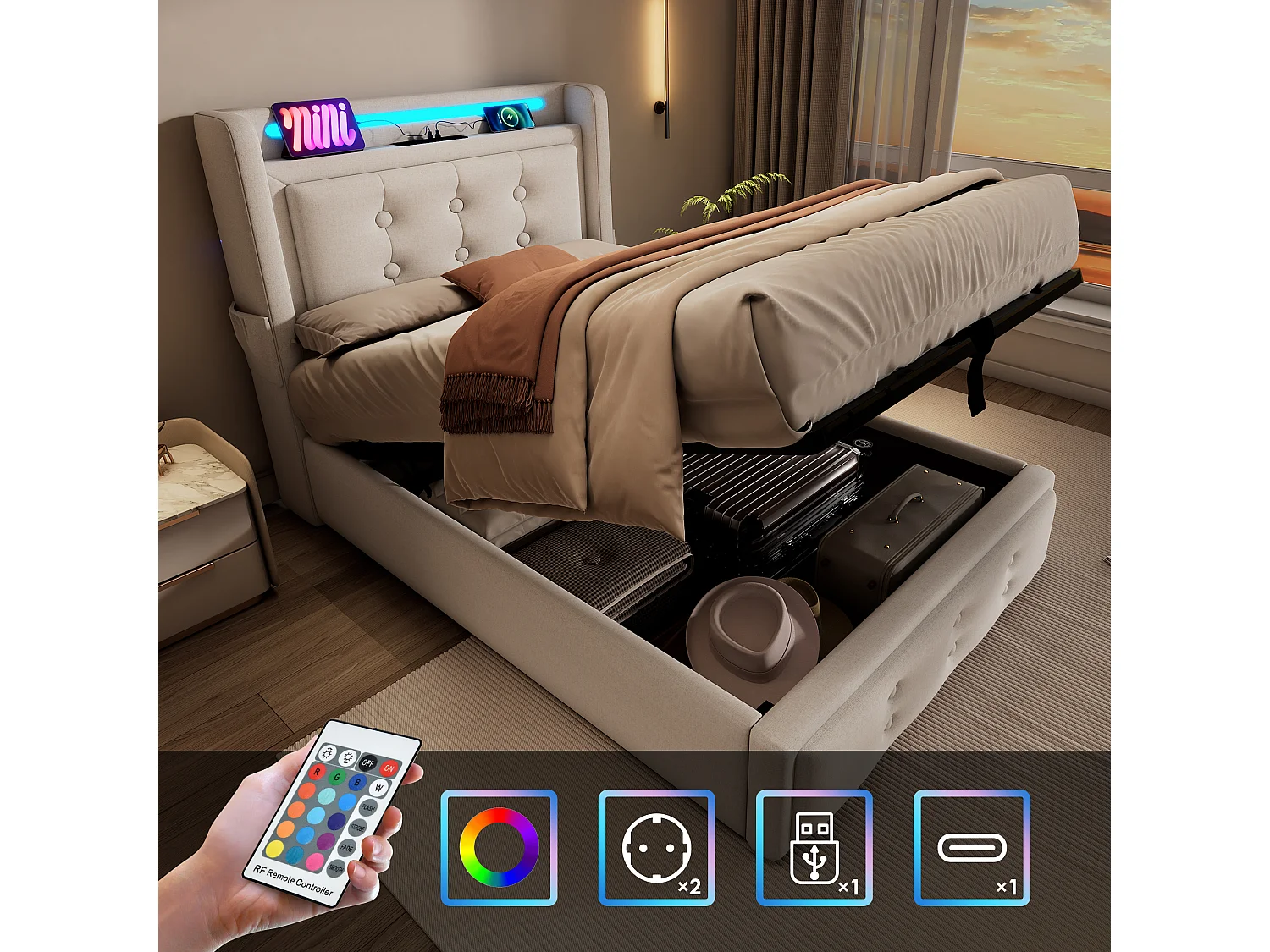 Łóżko z pojemnikiem 90 x 200 cm, zagłówkiem LED, gniazdem USB typu C - Tkanina bawełniana - Beżowe (bez materaca) 3459979 - obrazek 1