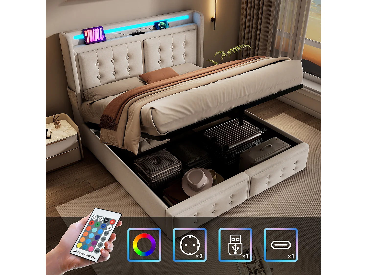 Łóżko ze schowkiem 160 x 200 cm z zagłówkiem LED, gniazdem USB typu C - Tkanina bawełniana - Beżowy (bez materaca) 3460020 - obrazek 1