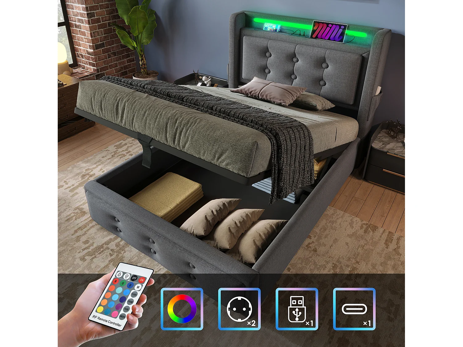 Łóżko z pojemnikiem 90 x 200 cm, zagłówkiem LED, gniazdem USB typu C - Tkanina bawełniana - Szary (bez materaca) 3460024 - obrazek 1