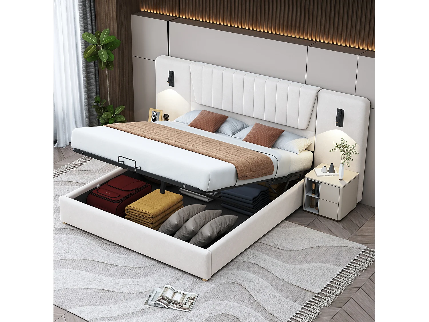Łóżko ze schowkiem 180 x 200 cm z ekstra długim oparciem, lampką do czytania i portem USB - Velvet - kolor beżowy (bez materaca) 3460023 - obrazek 1