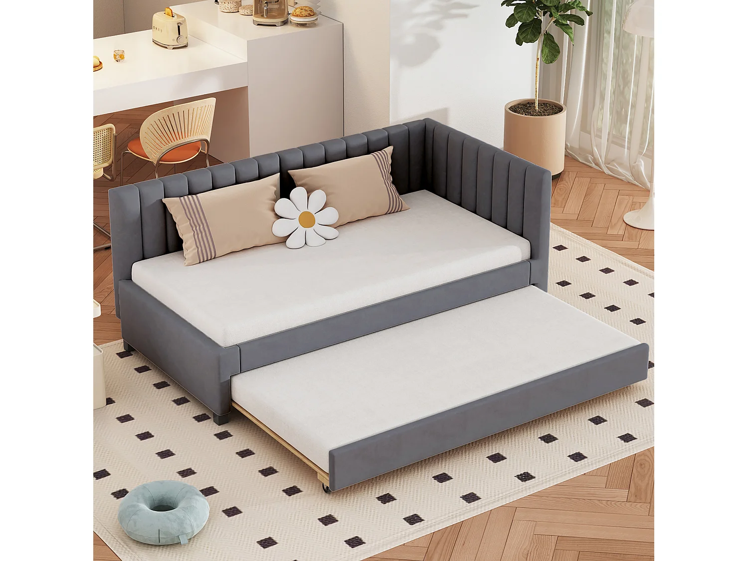 Łóżko wysuwane 90 x 190/200 cm – sofa rozkładana welurowa – stelaż listwowy – szary 3094890