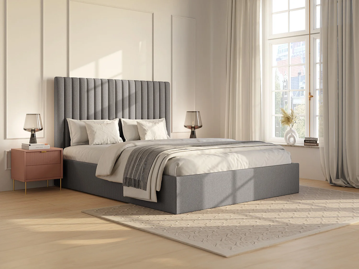 Łóżko ze skrzynią i pionowo przeszywanym zagłówkiem 140 x 190 cm – Sztruks – Szary – SARAH 2440239