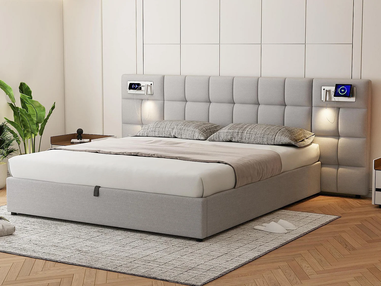 Łóżko z pojemnikiem 180x200cm z tkaniny lnianej - z portem USB, ładowaniem bezprzewodowym i LED - z stelażem na listwy - Szare 3465262 - obrazek 1