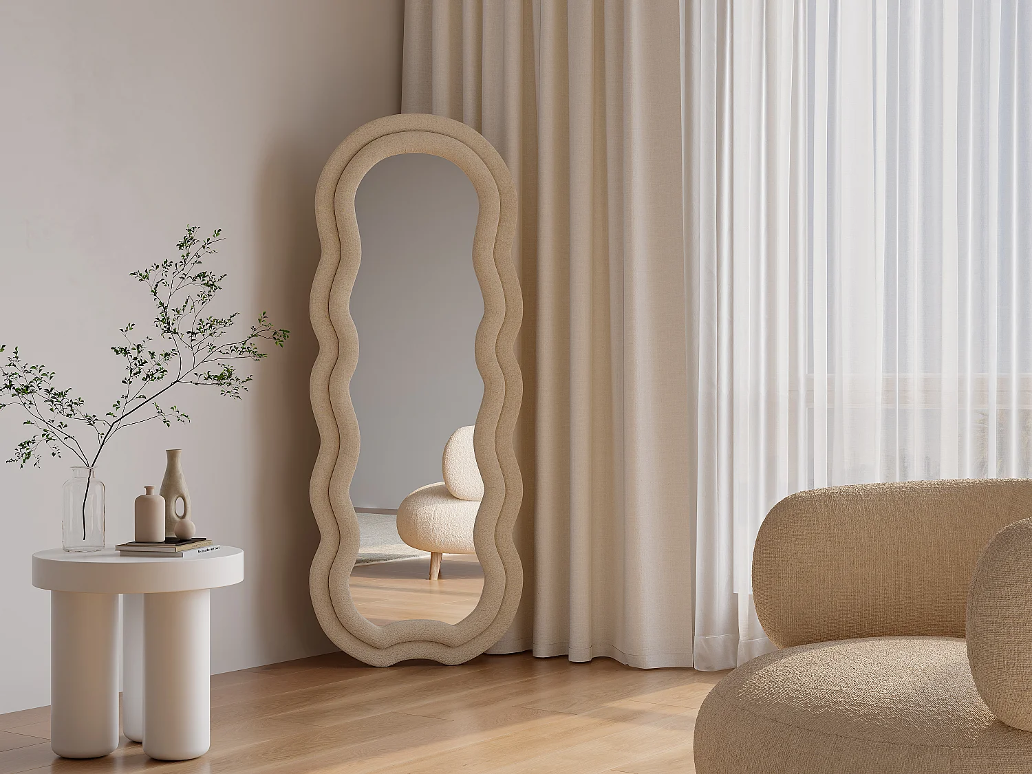 Lustro organiczne z weluru - szer. 60 x wys. 160 cm - Beżowy - LINOA 2747207 - obrazek 1