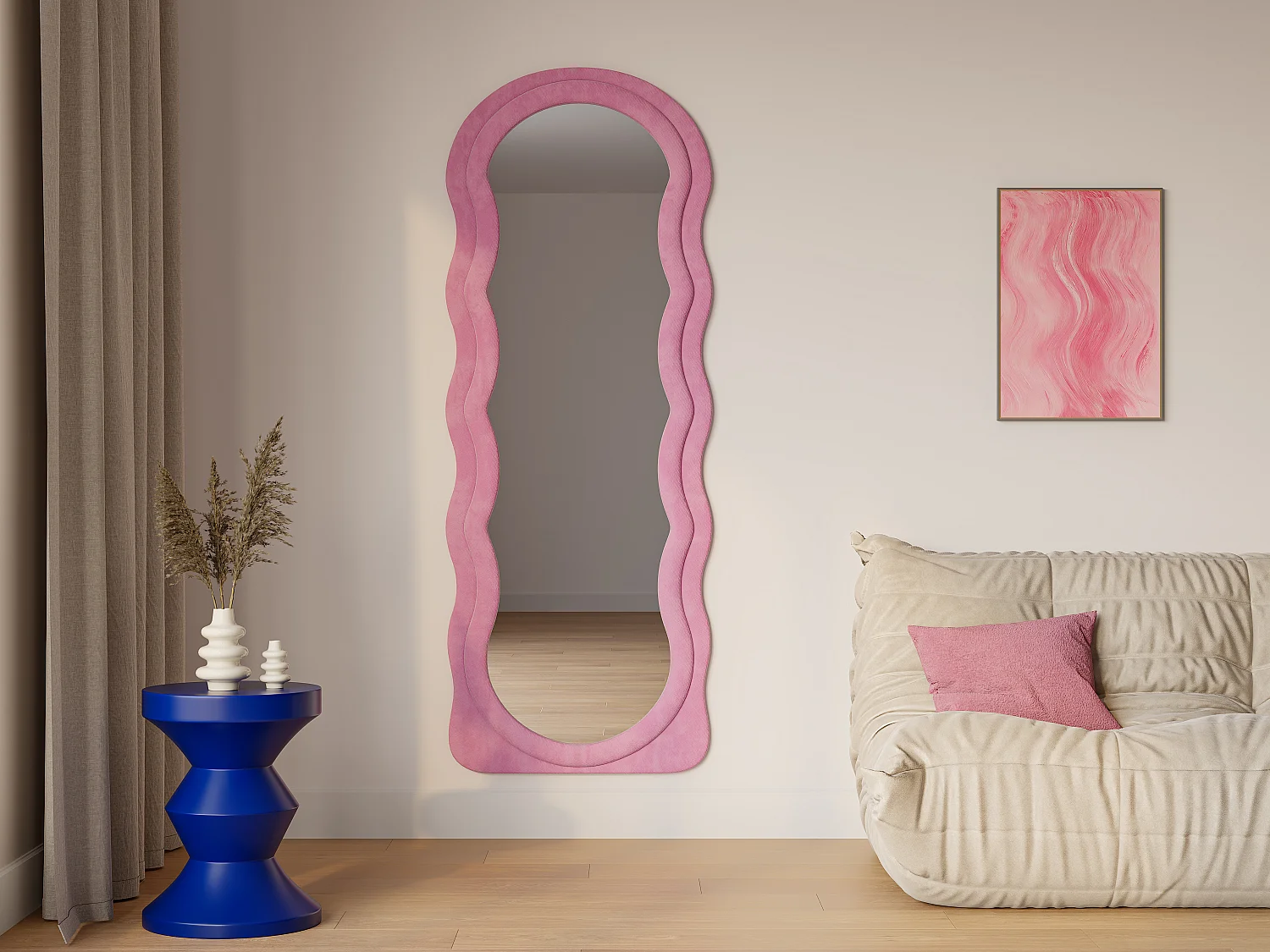 Lustro organiczne z weluru - szer. 65 x wys. 170 cm - Różowy - AYANI 2747225 - obrazek 1