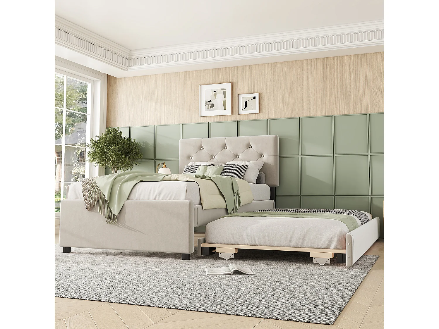 Łóżko wysuwane 90 x 200 cm + 90 x 190 cm z wezgłowiem - aksamit - beż (bez materaca) 3508868 - obrazek 1