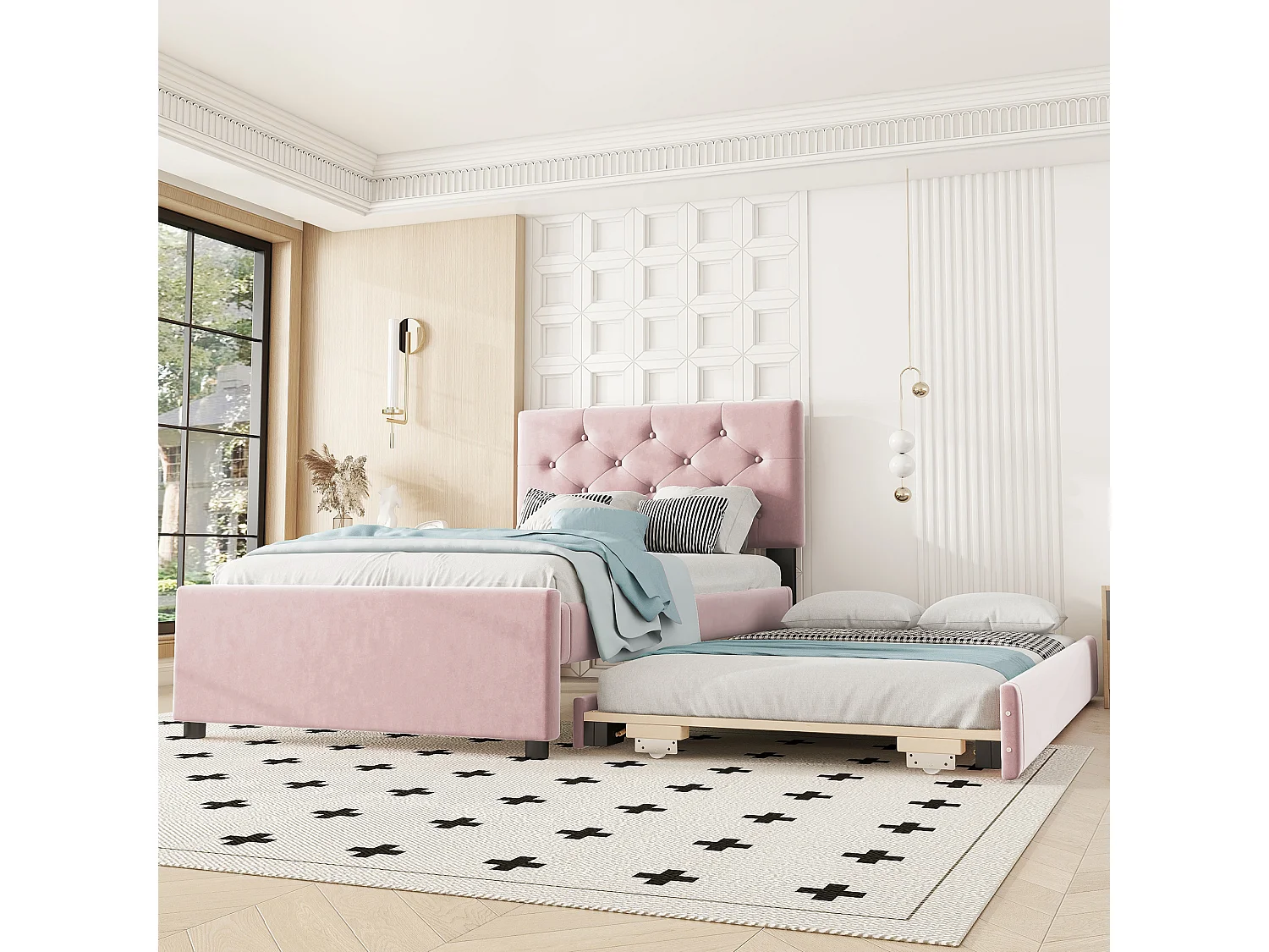 Łóżko wysuwane 90 x 200 cm + 90 x 190 cm z wezgłowiem - aksamit - różowe (bez materaca) 3508869 - obrazek 1
