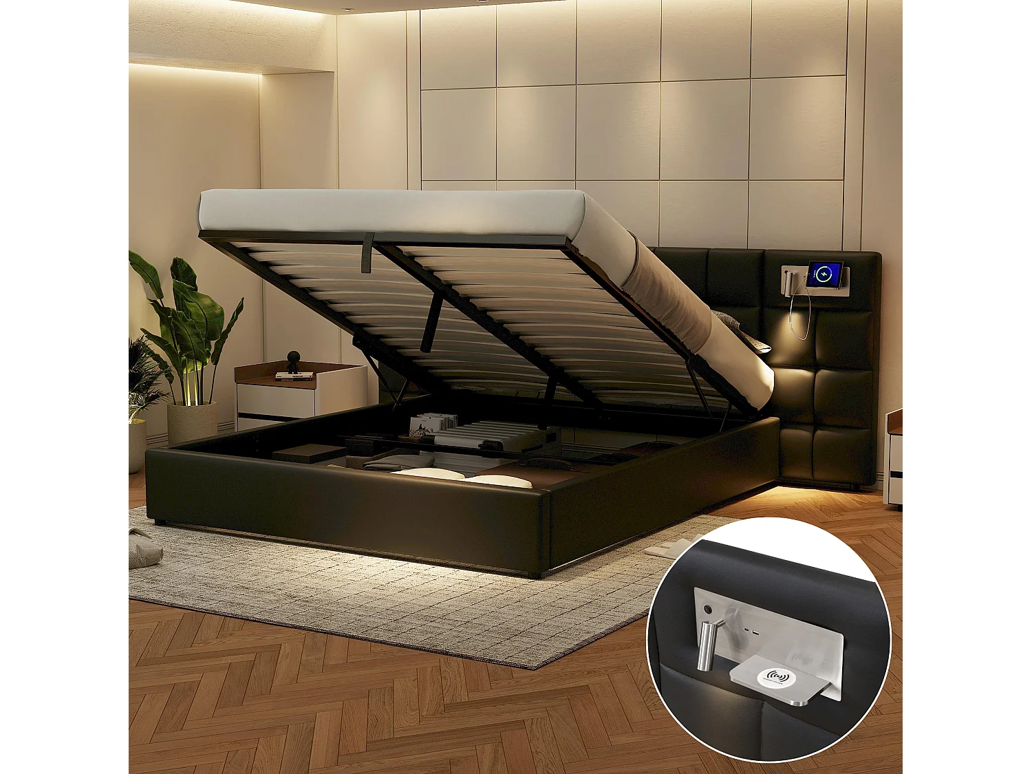 Łóżko ze schowkiem 180 x 200 cm i dużym zagłówkiem - Port USB i ładowanie bezprzewodowe oraz lampa świetlna - Tkanina lniana - Czarny (bez materaca) 3508872 - obrazek 1