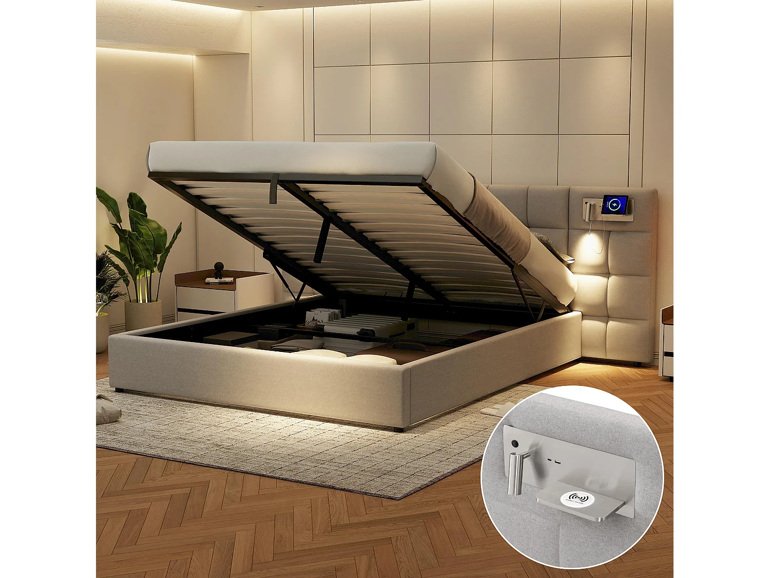 Łóżko ze schowkiem 180 x 200 cm i dużym zagłówkiem - Port USB i ładowanie bezprzewodowe oraz lampa świetlna - Tkanina lniana - Szary (bez materaca) 3508881 - obrazek 1