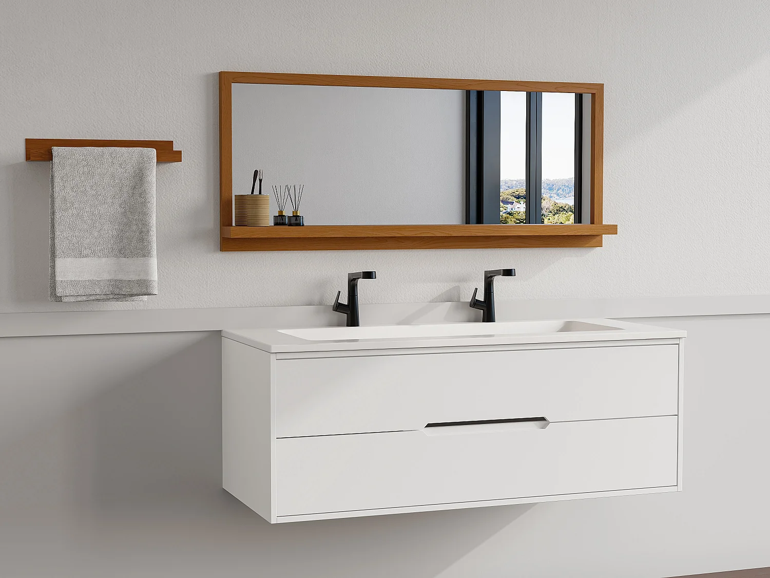Lustro ścienne z półeczką z drewna dębowego – szer. 120 x wys. 50 cm – Naturalny – JIAO 2747217