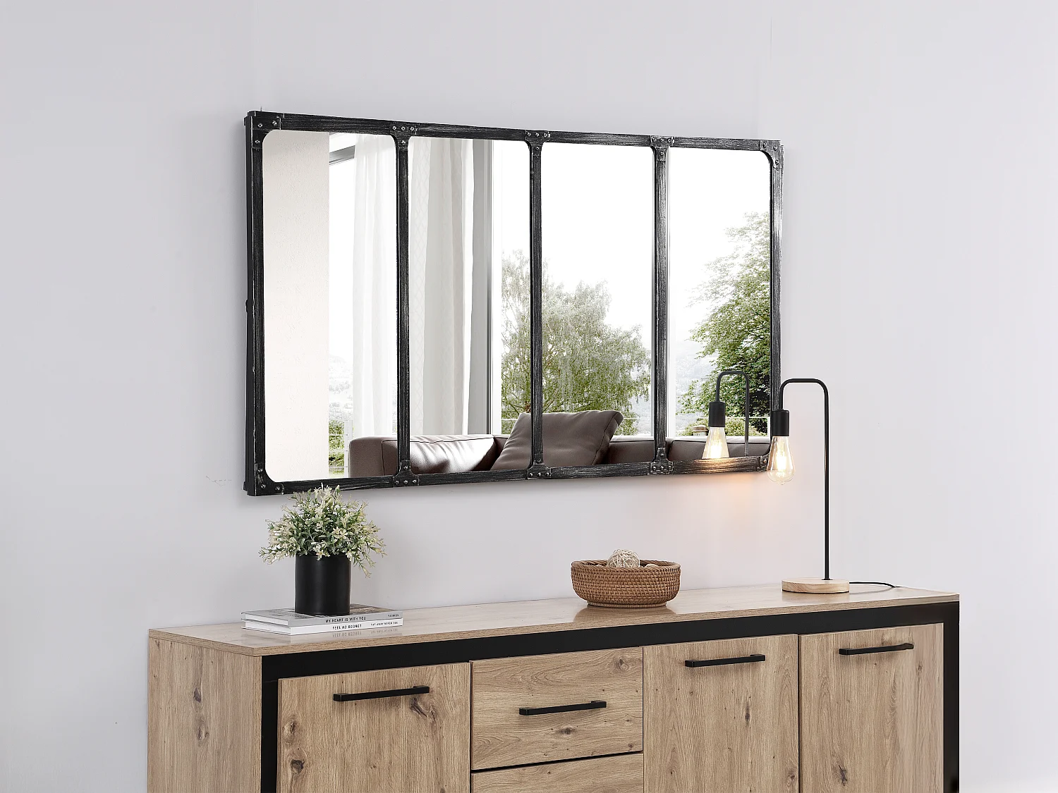 Lustro industrialne z żelaza w kształcie okna - Dł. 140 x Wys. 75 cm - Postarzana czerń - MAASTRICHT 2747229 - obrazek 1