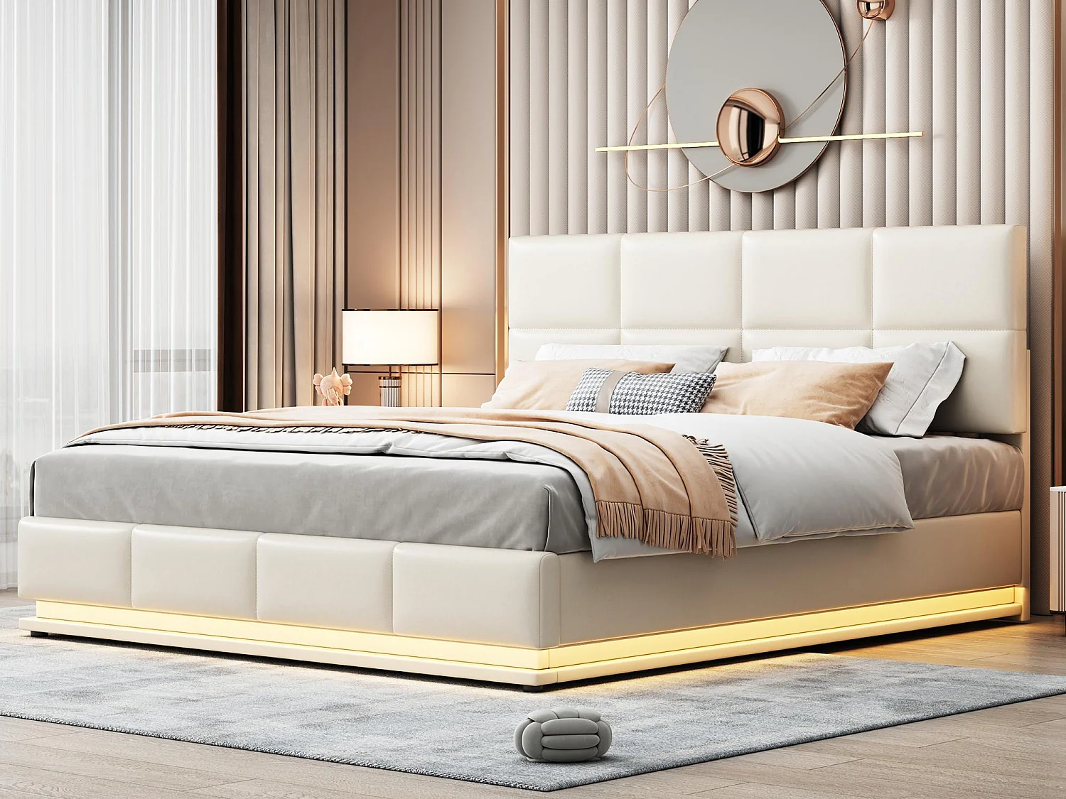 Łóżko z tapicerowanym stelażem 180x200 cm z oświetleniem LED - z ekoskóry - Beżowe 3553944 - obrazek 1