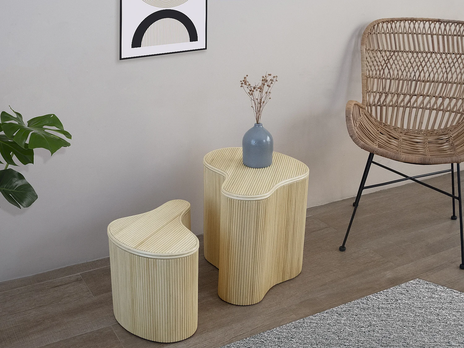 Zestaw 2 stolików dostawianych organicznych ze schowkami – Rattan – dł. 52 x szer. 40 x wys. 45 cm i dł. 43,5 x szer. 30 x wys. 33,5 cm – Naturalny jasny – MARSA 2537073